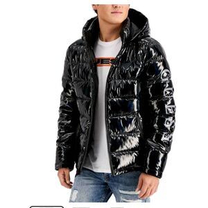 GUESS Jacket Mens 4XL Holographic Hooded Puffer Black Shine Glossy Finish Outerw